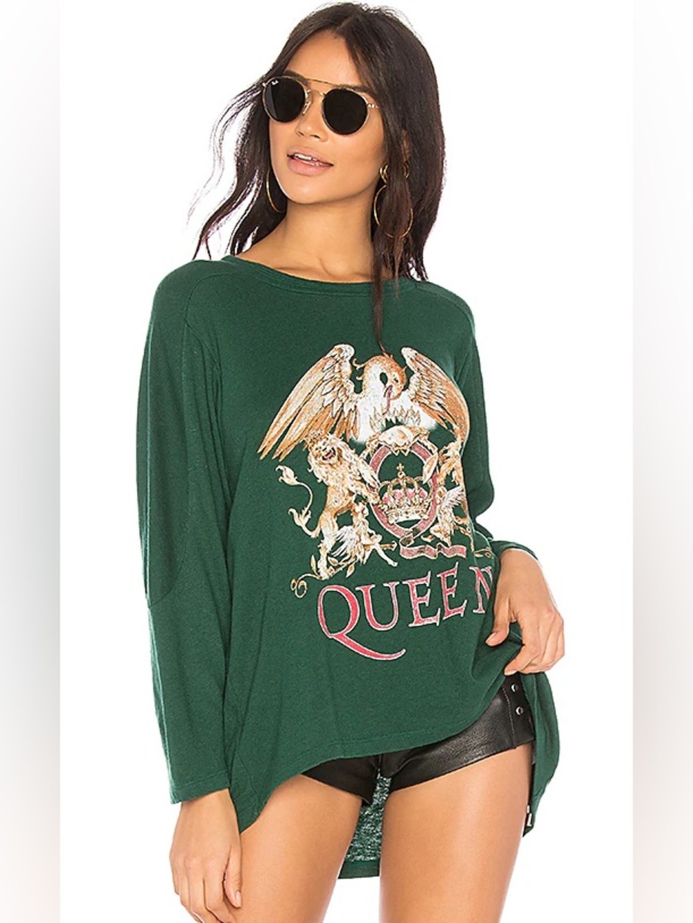 Daydreamer Queen Crest Long Sleeve Football Tee in Green Hemp Cotton large